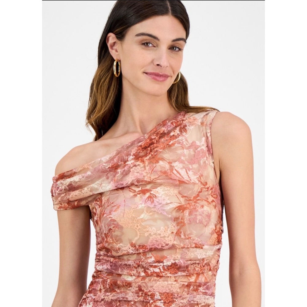Fourteenth Place Los Angeles One Shoulder Ruched Lace Maxi Dress Sepia Floral M